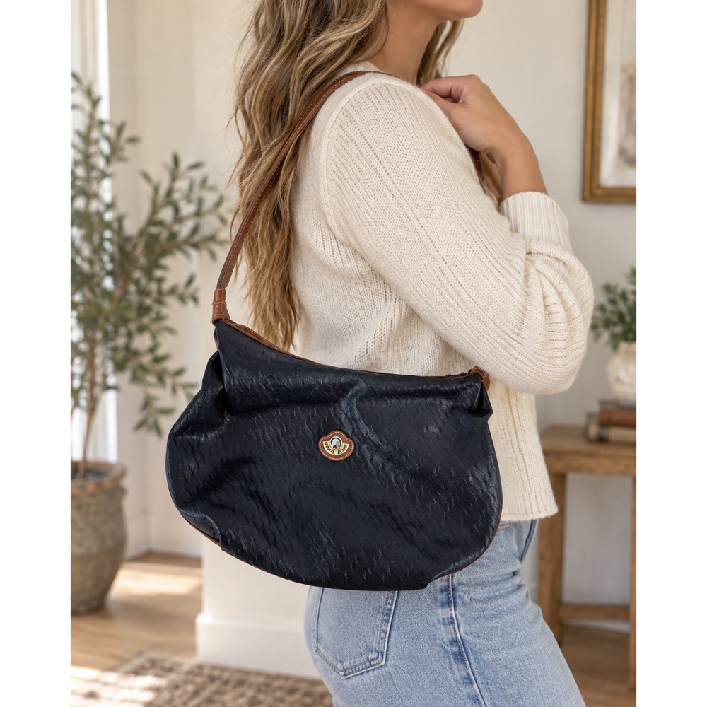 VTG! Saddle River Black Textured‎ Leather Shoulder Bag Hobo Purse Made in Macau